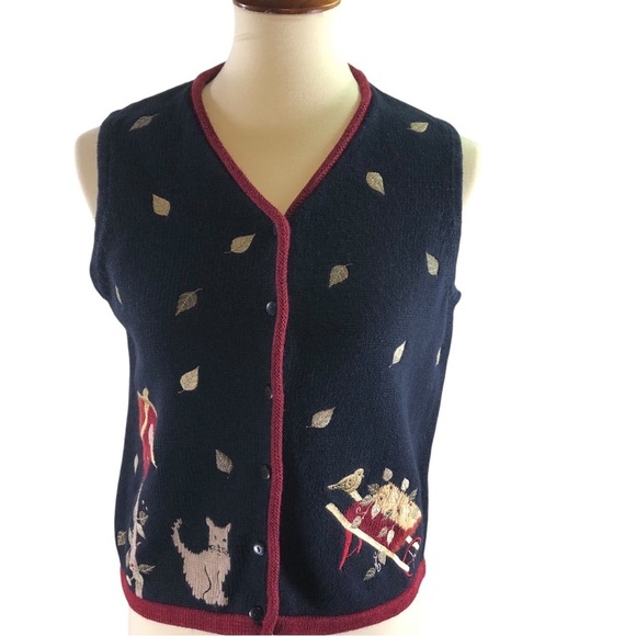 Vintage Y2K Ramie Cotton Embroidered Knit Vest Sz S Navy Wine Cat Bird Novelty - Picture 2 of 11